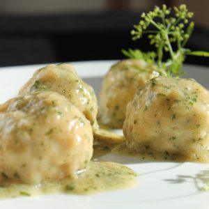 meatballs, cod, green sauce